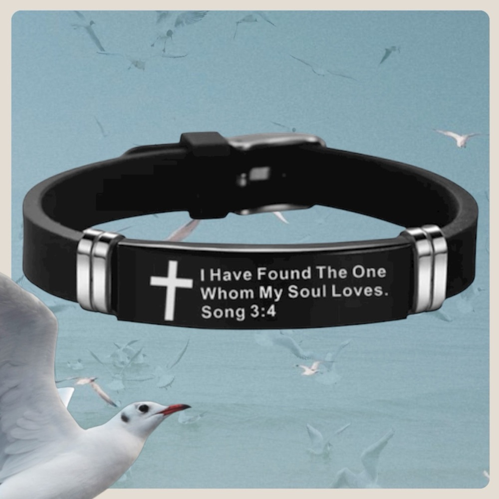 Inspirational Bracelet Religious Song 3:4 Black Silicone Stainless Mens or Women